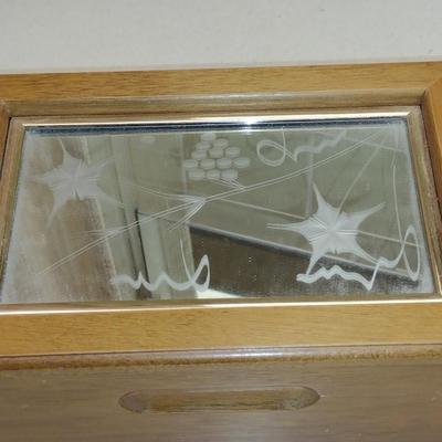Wooden Jewelry Box with Mirrored Top- Approx 6" x 9" x 3" Tall