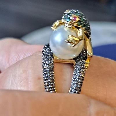 Sparkling Cubic Zirconia & Pearl - Golden-Tone, Hypoallergenic Copper Frog Jewelry