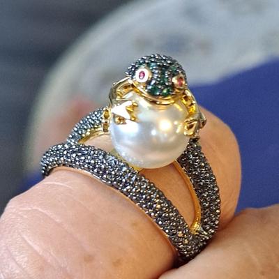 Sparkling Cubic Zirconia & Pearl - Golden-Tone, Hypoallergenic Copper Frog Jewelry