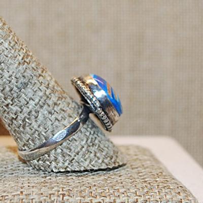 Size 10½ Marked .925 Round RAINBOW CALSILICA Gemstone Ring with Full Slanted Lines in Blues & Orange and Silver-Plated Band (5.5g)