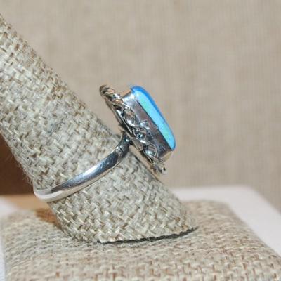 Size 9½ Marked .925 Rectangle RAINBOW CALSILICA Gemstone Ring with Full Slanted Lines in Blues & Orange and Silver-Plated Band (5.7g)