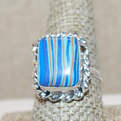 Size 9½ Marked .925 Rectangle RAINBOW CALSILICA Gemstone Ring with Full Slanted Lines in Blues & Orange and Silver-Plated Band (5.7g)