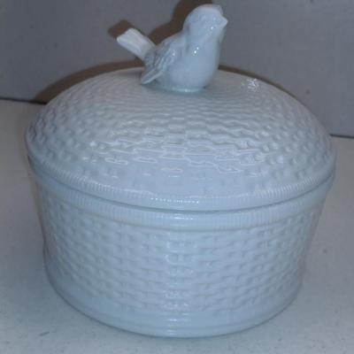 Glazed Porcelain Box with Bird Shaped Finial- Approx 5 1/2" in Diameter