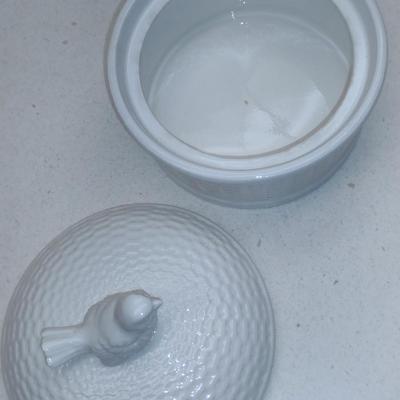 Glazed Porcelain Box with Bird Shaped Finial- Approx 5 1/2" in Diameter