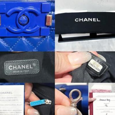 Authentic CHANEL 15C Limited Ed Bright Blue Diamond Quilt Patent Le Boy Tote Bag