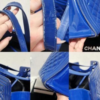 Authentic CHANEL 15C Limited Ed Bright Blue Diamond Quilt Patent Le Boy Tote Bag
