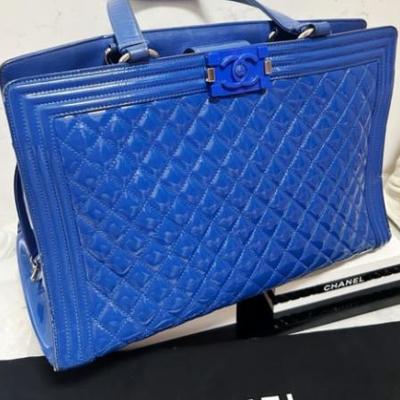 Authentic CHANEL 15C Limited Ed Bright Blue Diamond Quilt Patent Le Boy Tote Bag