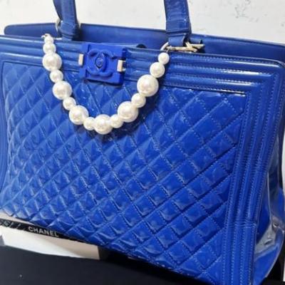 Authentic CHANEL 15C Limited Ed Bright Blue Diamond Quilt Patent Le Boy Tote Bag