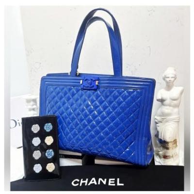 Authentic CHANEL 15C Limited Ed Bright Blue Diamond Quilt Patent Le Boy Tote Bag
