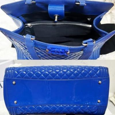 Authentic CHANEL 15C Limited Ed Bright Blue Diamond Quilt Patent Le Boy Tote Bag