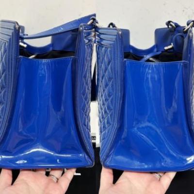 Authentic CHANEL 15C Limited Ed Bright Blue Diamond Quilt Patent Le Boy Tote Bag