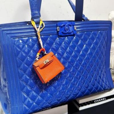 Authentic CHANEL 15C Limited Ed Bright Blue Diamond Quilt Patent Le Boy Tote Bag
