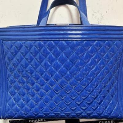 Authentic CHANEL 15C Limited Ed Bright Blue Diamond Quilt Patent Le Boy Tote Bag