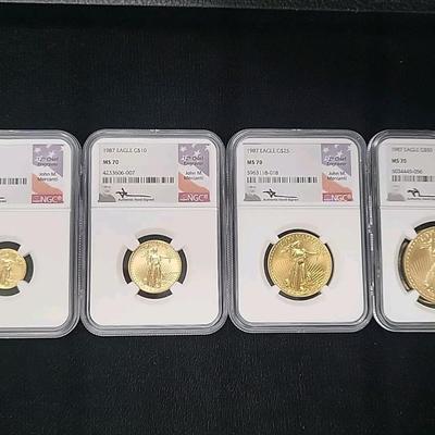 1987 - 4 Coin Gold Eagle Set NGC MS70 Mercanti/Very Low Population-Beautiful Set