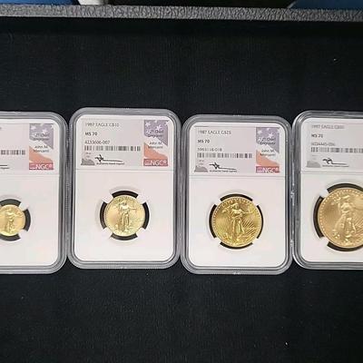 1987 - 4 Coin Gold Eagle Set NGC MS70 Mercanti/Very Low Population-Beautiful Set