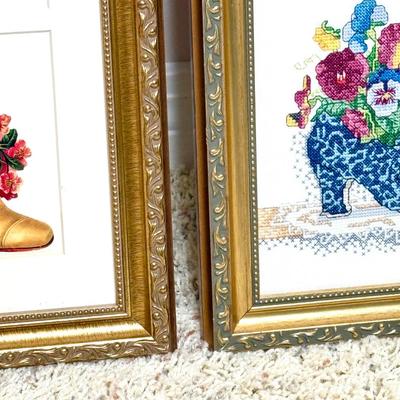 Set of 2 Gold Framed Victorian Shoe Pictures - Needlepoint and Prints