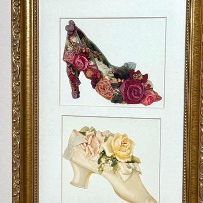 Set of 2 Gold Framed Victorian Shoe Pictures - Needlepoint and Prints
