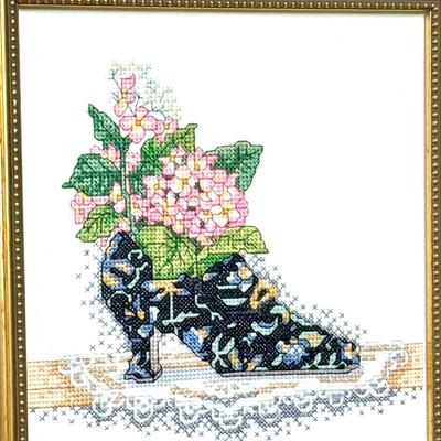 Set of 2 Gold Framed Victorian Shoe Pictures - Needlepoint and Prints