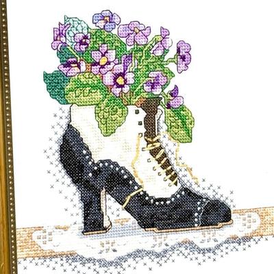 Set of 2 Gold Framed Victorian Shoe Pictures - Needlepoint and Prints
