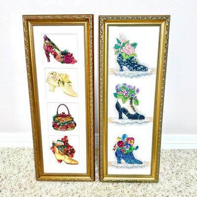Set of 2 Gold Framed Victorian Shoe Pictures - Needlepoint and Prints