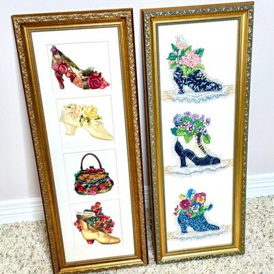 Set of 2 Gold Framed Victorian Shoe Pictures - Needlepoint and Prints