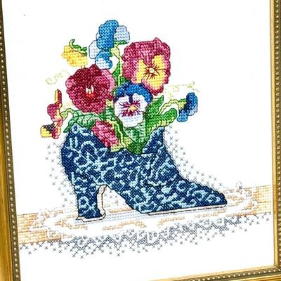 Set of 2 Gold Framed Victorian Shoe Pictures - Needlepoint and Prints