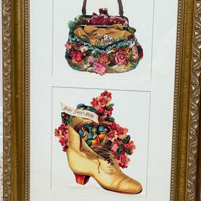 Set of 2 Gold Framed Victorian Shoe Pictures - Needlepoint and Prints