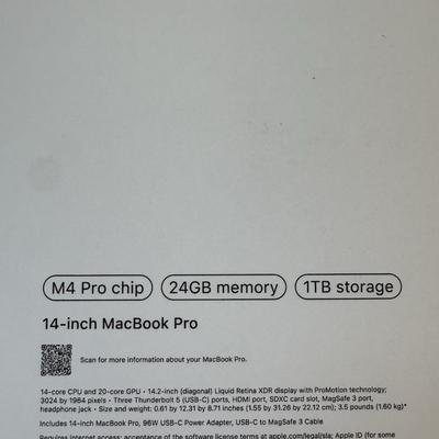 Sale Photo Thumbnail #121: I’m selling a 14-inch MacBook Pro, 2024 model, equipped with the Apple M4 Pro chip.

The device is brand new (open box), never actually used, and still under AppleCare warranty until January 2026.



Key specifications:

	•	Apple M4 Pro chip

	•	24G