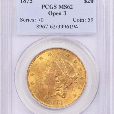 1873 Open 3 $20 Gold Double Eagle PCGS 62 Free Ship USA Only (48)