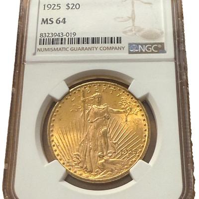 US 1925 Gold $20 20 Dollars NGC MS64 Double Eagle Saint Gaudens