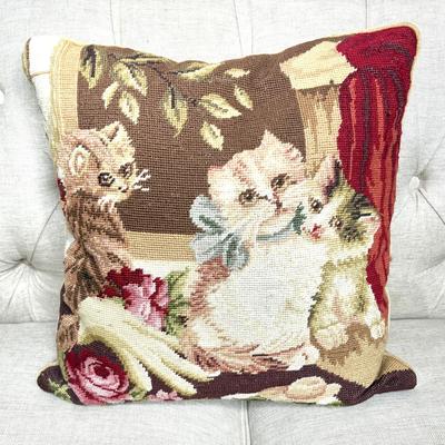Set of 2 Needlepoint Hand Made Vintage Cat Pillows