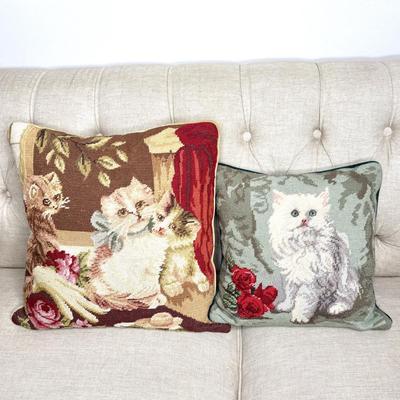 Set of 2 Needlepoint Hand Made Vintage Cat Pillows
