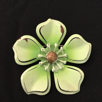 Vintage mint, green metal, flower, brooch