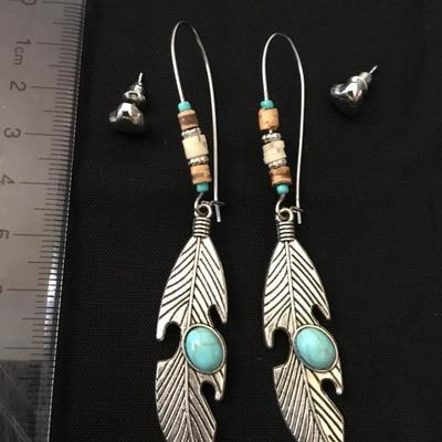 BoHo feather drop dangle earrings in silver tone, heart stud earrings