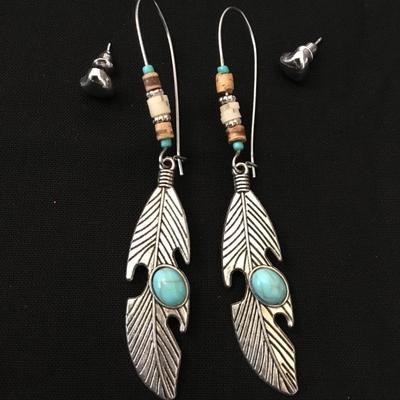 BoHo feather drop dangle earrings in silver tone, heart stud earrings