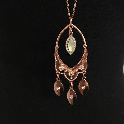 Beautiful, copper, toned, rhinestone, opalite pendant necklace