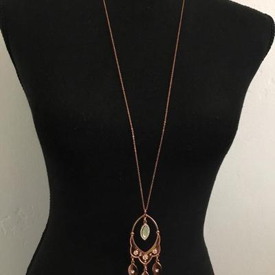 Beautiful, copper, toned, rhinestone, opalite pendant necklace