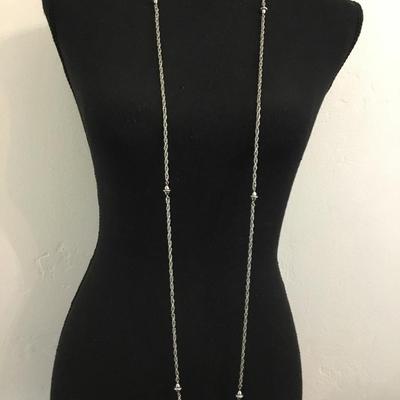 Vintage Monet long Singapore chain with saucer, charms, elegant for layering, silver toned