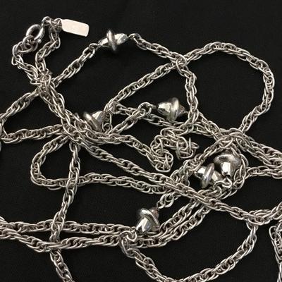 Vintage Monet long Singapore chain with saucer, charms, elegant for layering, silver toned