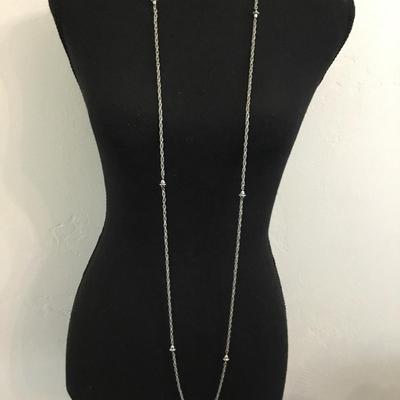 Vintage Monet long Singapore chain with saucer, charms, elegant for layering, silver toned