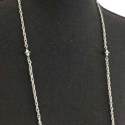 Vintage Monet long Singapore chain with saucer, charms, elegant for layering, silver toned