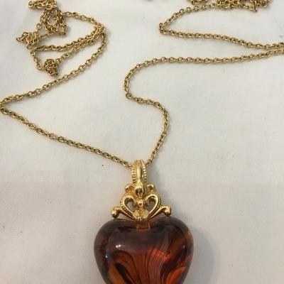 Vintage goldtone, Yvonne, so amber resin, puffy heart pendant necklace