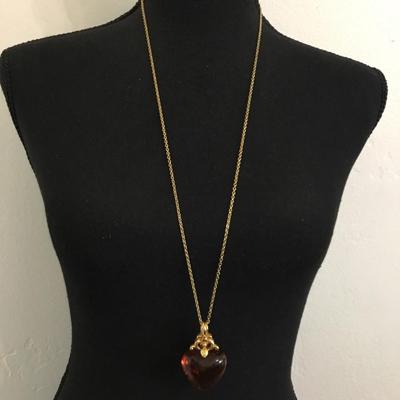 Vintage goldtone, Yvonne, so amber resin, puffy heart pendant necklace