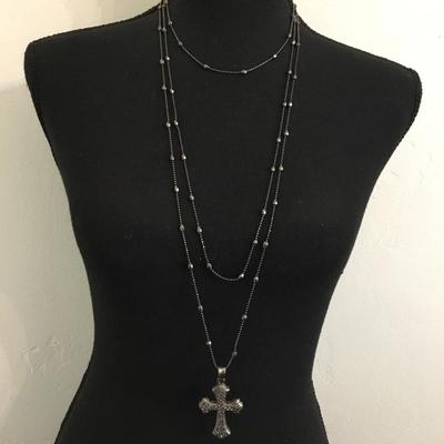 Gun metal, gray, multi layered cross necklace