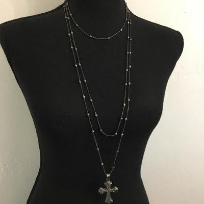 Gun metal, gray, multi layered cross necklace