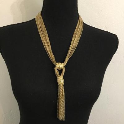 Vintage gold, toned tassel, multi strand, statement necklace very nice