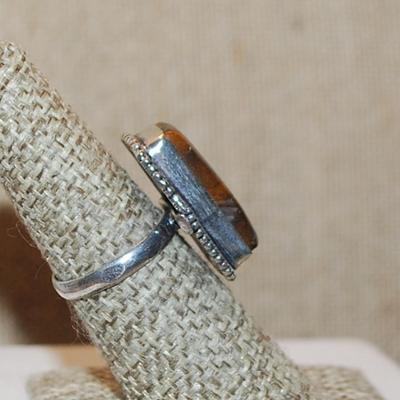 Size 7 Marked .925 Long Rectangle TIGER EYE Gemstone Ring on a Silver-Plated Band (6.0g)