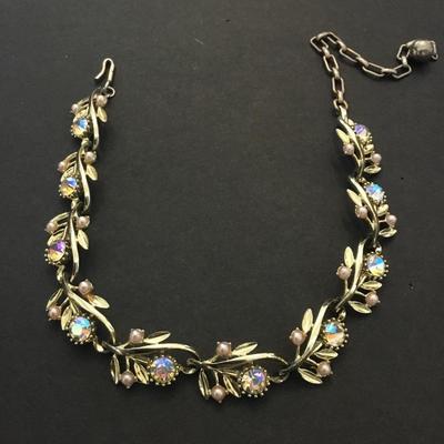 Gorgeous, gold tone, vintage, iridescent, rhinestone choker necklace