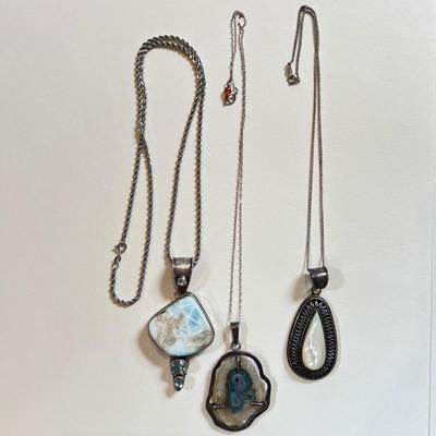 3 Large Sterling Silver Pendant Necklaces - 67 Grams
