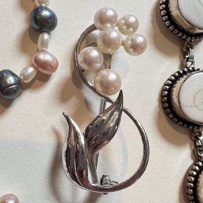 Sterling Silver Pearl, Abalone, Cloisonne Jewelry Lot